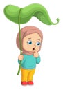 The young sister is shading under the big leaf while the rain drop Royalty Free Stock Photo