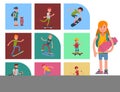 Young skateboarder active people sport extreme active skateboarding urban jumping tricks vector illustration. Royalty Free Stock Photo