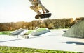 Young skater performing freestyle tricks in city park - Trendy guy jumping with skateboard outdoor - Extreme sport concept - Focus Royalty Free Stock Photo