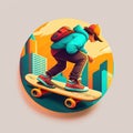 Young skater skateboarding in the city, round icon, generative ai