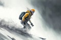 Young skier descending snow in mountains in winter skiing in mountain resort, generative ai
