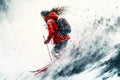 Young skier descending snow in mountains in winter skiing in mountain resort, generative ai