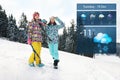 Skiers outdoors and weather forecast widget. Mobile application Royalty Free Stock Photo