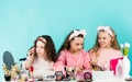 Young skin care. Best friends. Cleanse carefully. Beauty and fashion. Girls doing makeup together. Cosmetics for Royalty Free Stock Photo