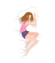 Young sleeping girl. Woman sleeping on white bed sheet and pillow.
