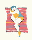 A young woman sleeps on a blanket. Colorful illustration, veterinarian.