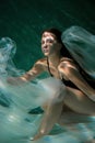 Young Slender Girl Underwater with a Cloth. Water Magic. Underwater Photography. Art Royalty Free Stock Photo
