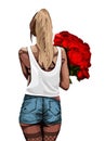 A young, slender, tanned girl with a large bouquet of red roses