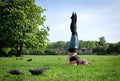 Slender woman doing yoga in the Park on a Sunny day, the girl is lying on her back and lifted her legs up Royalty Free Stock Photo