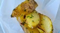 Young sliced fried potatoes sprinkled with finely chopped dill