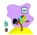 Young slim african girl doing sport,yoga,fitness,gymnastics,stretching in the trendy interior room. Vector flat illustration. Grac