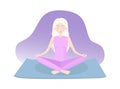 Young slim blond girl meditates alone sitting on a yoga mat in Lotus position isolated editable illustration