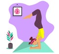 Young slim girl doing sport,yoga,fitness,gymnastics,stretching in the trendy interior room. Vector flat illustration. Grac