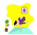 Young slim girl doing sport,yoga,fitness,gymnastics,stretching in the trendy interior room. Vector flat illustration. Grac