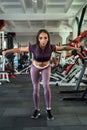 Young slim woman doing exercise lifting dumbbells in gym Royalty Free Stock Photo