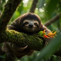 Young sloth resting on a moss-covered tree branch in a lush rainforest environment. It Royalty Free Stock Photo