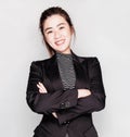 Young smart beautiful asian business woman wore black suit and glasses,smart and thinking holding Document, talking phone Royalty Free Stock Photo