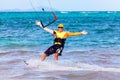 Young smiing kitesurfer on sea background Extreme Sport Kitesur