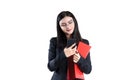 Young smile businesswoman in glasses cell red folder and pen female, person, success Royalty Free Stock Photo