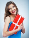 Young smile woman hold red giet box with white rib