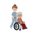 young smiled nurse girl is carrying an elderly disabled person in a wheelchair isolated