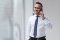 Young smiley businessman talking on mobile phone in office. Royalty Free Stock Photo