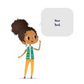 Young smiling African American girl scout dressed in uniform with badges and patches and speech bubble with place for