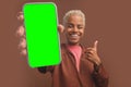 Young smiling African American woman holds out smartphone with green screen Royalty Free Stock Photo