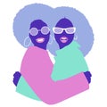 Young smiling Afro American women hugging happily, wearing trendy glasses and 70s hair style, isolated on white background