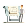 Young smiling architect showing his project blueprint on a drawing board, colorful character vector Illustration Royalty Free Stock Photo