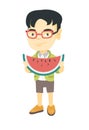 Young asian boy eating delicious watermelon. Royalty Free Stock Photo