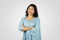 Young Smiling Asian Nepali Indian Housewife giving several best gestures and poses with greeting Royalty Free Stock Photo