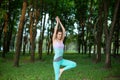 Young smiling attractive yogi woman practicing yoga, standing in Vrksasana exercise, Tree pose. Thin brunette girl plays sports Royalty Free Stock Photo