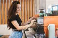 Young smiling barista woman working behind the bar, stands near professional coffee machine Royalty Free Stock Photo