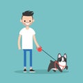 Young smiling bearded man walking the dog / flat editable vector Royalty Free Stock Photo