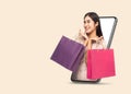 Young smiling beautiful asian woman making online shopping and holding shopping bags out through mobile phone Royalty Free Stock Photo