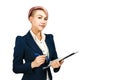 Young smiling beautiful business woman holds documents and pen, isolated on a white background Royalty Free Stock Photo