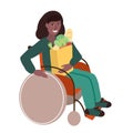 Young smiling black disabled woman holding paper bag with natural daily products. Cartoon flat style handicapped african