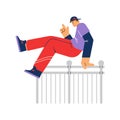 Young smiling boy in cap jumps over fence flat style, vector illustration Royalty Free Stock Photo