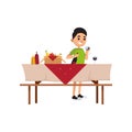 Young smiling boy spending time outdoors. Teenager stand near picnic table with food and fill glass with drink. Vector