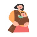 Young smiling brunette woman mother carrying her small baby toddler in brown sling Royalty Free Stock Photo