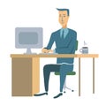 A young businessman or office worker sitting at a table and working at a computer. Man character illustration, isolated Royalty Free Stock Photo