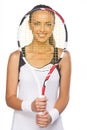 Young Smiling Caucasian Female Sportswoman With Tennis Racket In