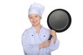 Young smiling cook with a pan Royalty Free Stock Photo