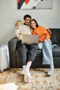 Young smiling couple shopping online, holding Royalty Free Stock Photo