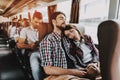 Young Smiling Couple Traveling on Tourist Bus Royalty Free Stock Photo