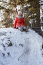 Young smiling cute girl in a bright sport suit is preparing to sled down the hill. Happy childhood, winter outdoor activity.