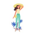 Young Smiling Dark-haired Girl Wearing Casual Jeans and Broad-brimmed Hat Enjoying Hot Summer Day Vector Illustration