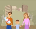 Young smiling family with children on dusty city background. Social problems, war, immigration, ecology. Flat vector