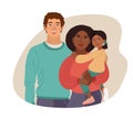 Young smiling family portrait. African-American mother, white man father and little daughter. Vector illustration simple shapes